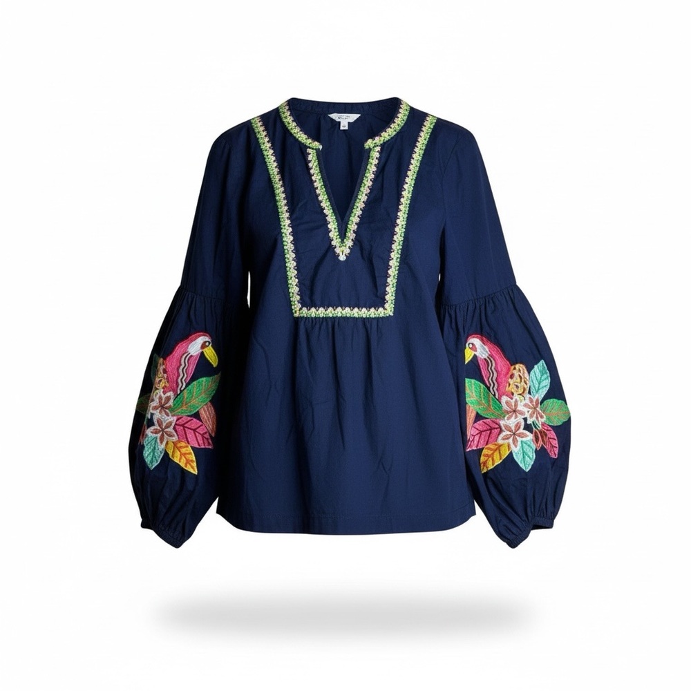 Embroidered Parrot Peasant Top Sz XL